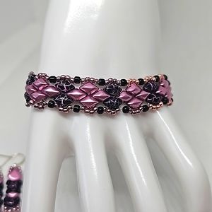 Czech Glass Beaded Bracelet and Earring set In Black and Pink Gem Duo Beads